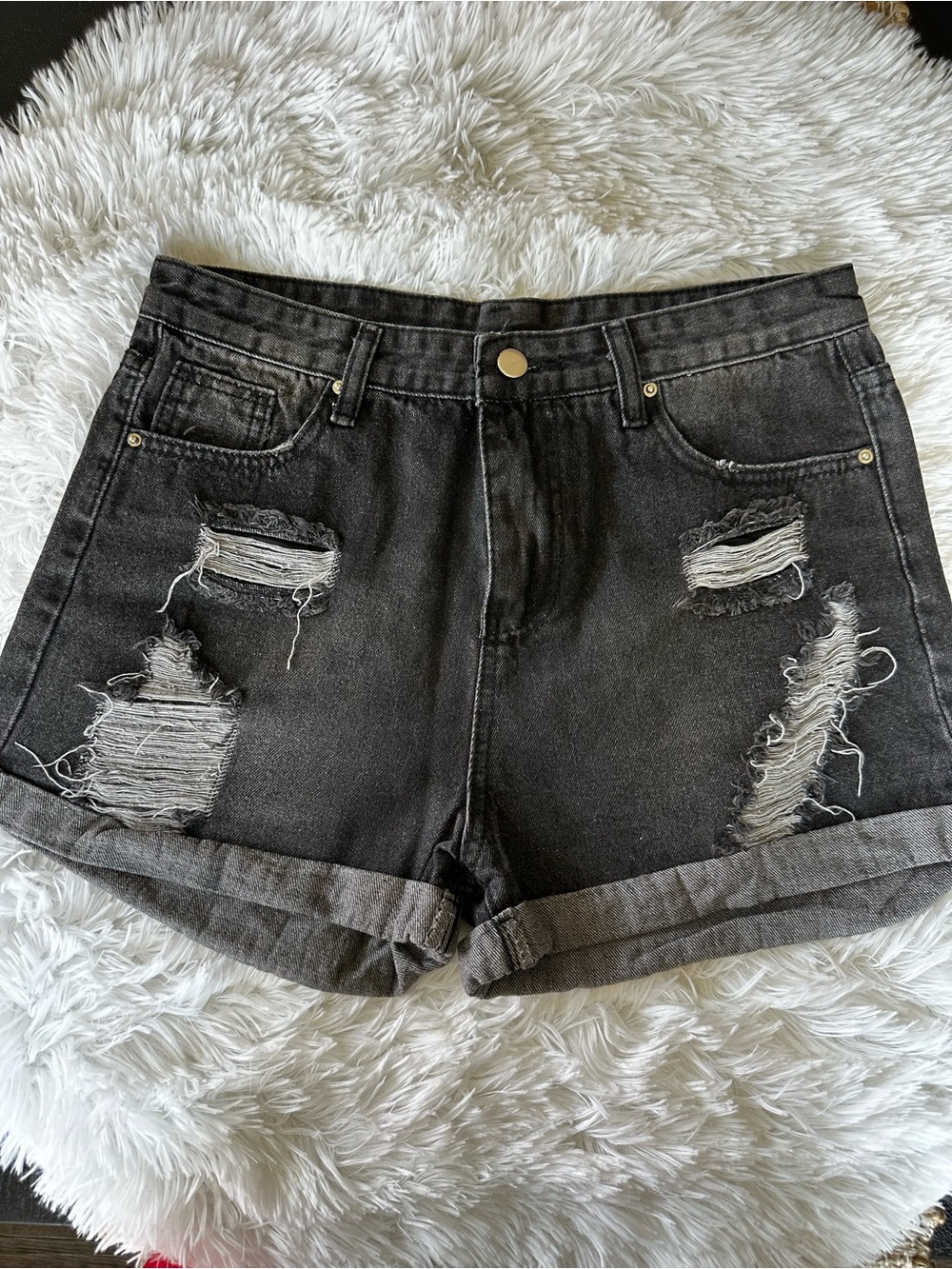 Black Distressed Roll-Cuff Denim Shorts